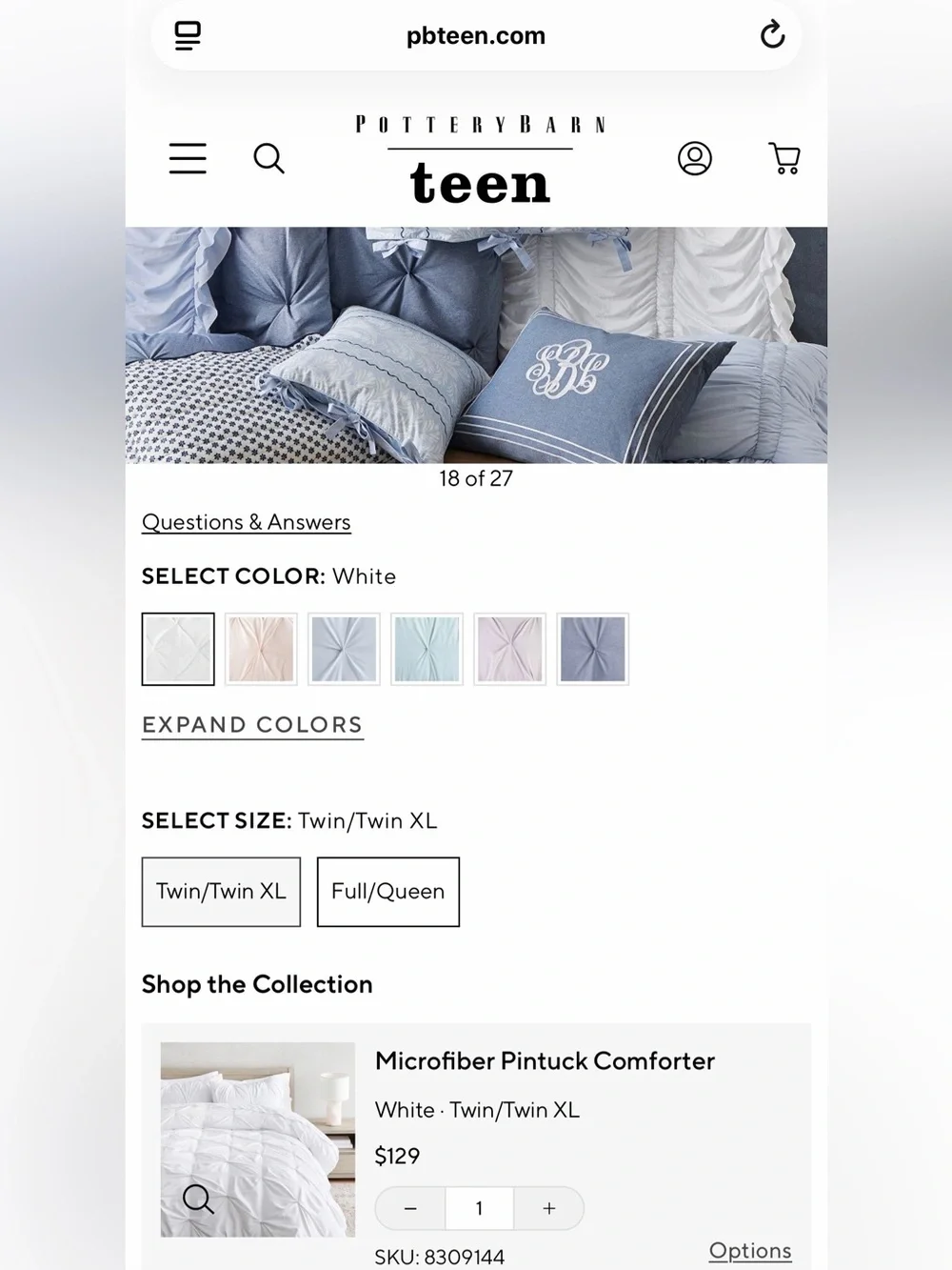 Pottery Barn Teen White Microfiber Pintuck Comforter Twin XL NWT (new with tags)